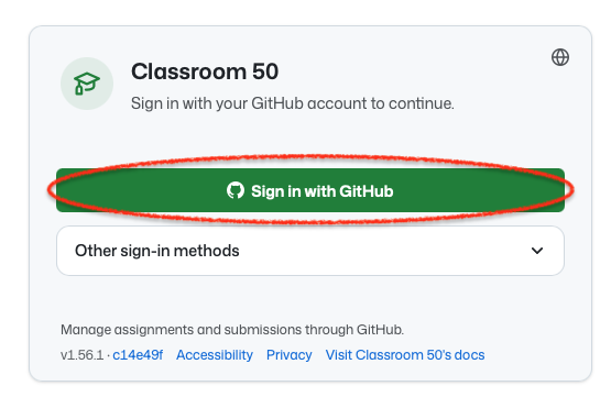 Sign in to Classroom 50 with GitHub